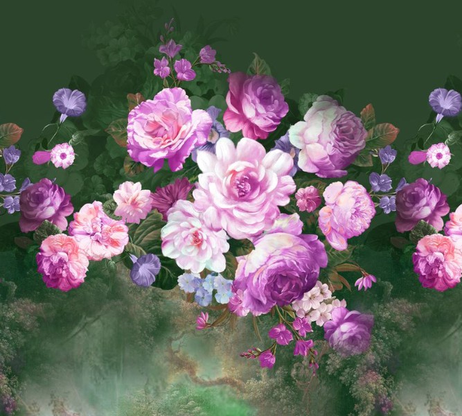Шторы для ванной «Цветы в стиле барокко лилового оттенка» вид 9