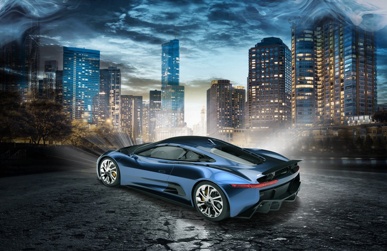 3D Ковер «Синее авто с видом на ночной город»