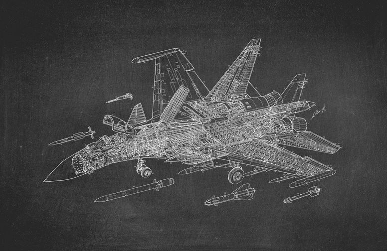 3D Ковер «Истребитель чертеж на темном»