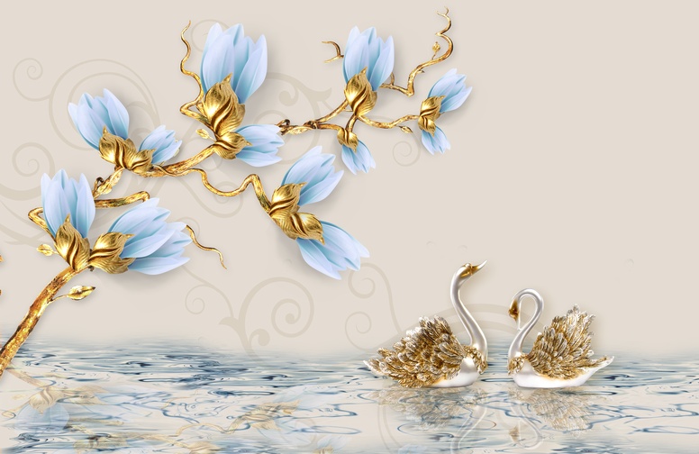 3D Ковер  «Голубые цветы и драгоценные лебеди»       