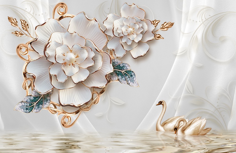 3D Ковер  «Лебеди с жемчужными цветами»        