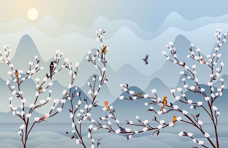 3D Ковер «Птичья стайка на цветущих ветвях»