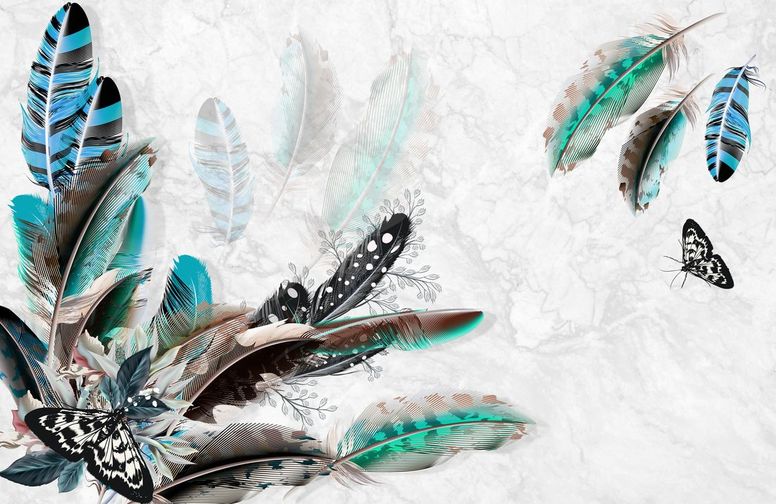 3D Ковер «Мраморная фантазия с перьями и бабочками»