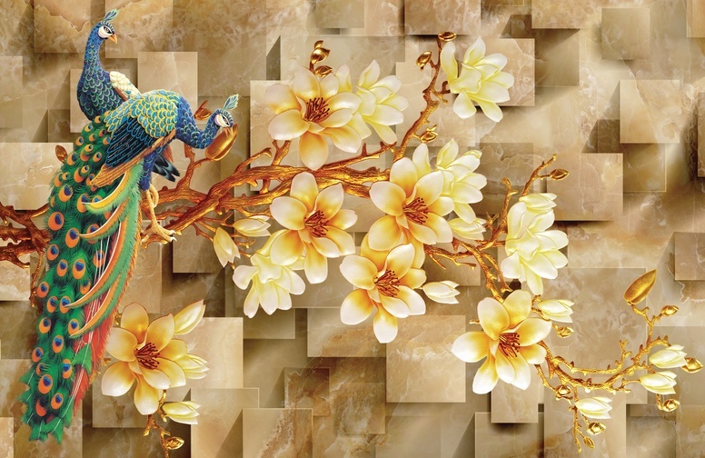 3D Ковер «Павлины на золотой ветке с цветами» 