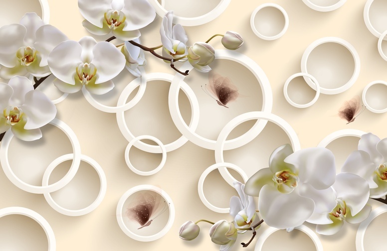 3D Ковер «Кремовые орхидеи с объемными кругами и бабочками»