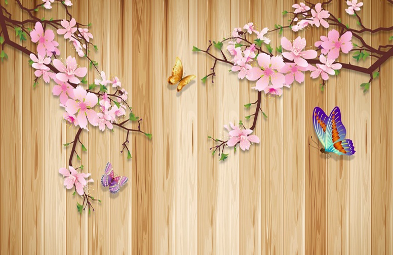 3D Ковер «Деревянный фон с ветвями сливы и бабочками»