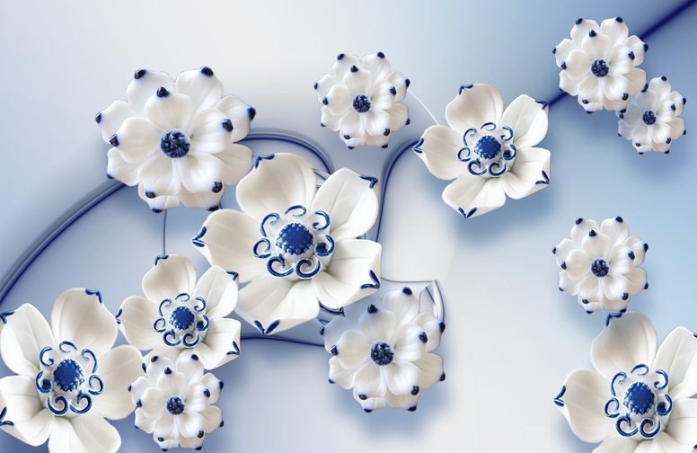 3D Ковер «Объемные керамические цветы под гжель» 