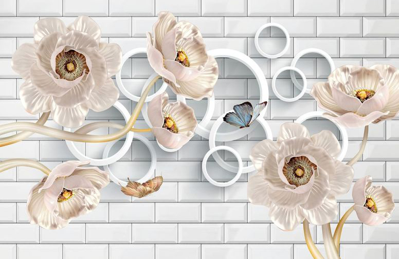 3D Ковер «Кованые цветы с кольцами на кирпичной стене»