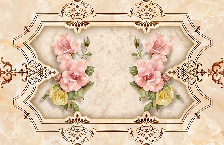 3D Ковер «Объемные букеты роз под мрамор»  