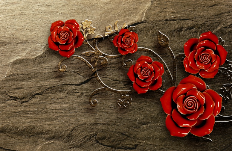 3D Ковер «Красные розы на камне» 