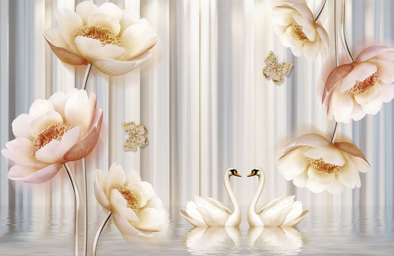 3D Ковер «Лебеди с объемными цветами и бабочками»