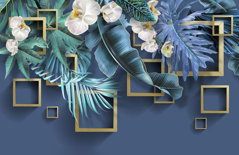 3D Ковер «Дикие орхидеи с золотыми квадратами»