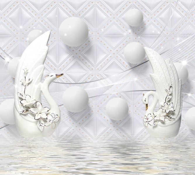 3D Фотообои Фотошторы «Керамические лебеди с белыми шарами»