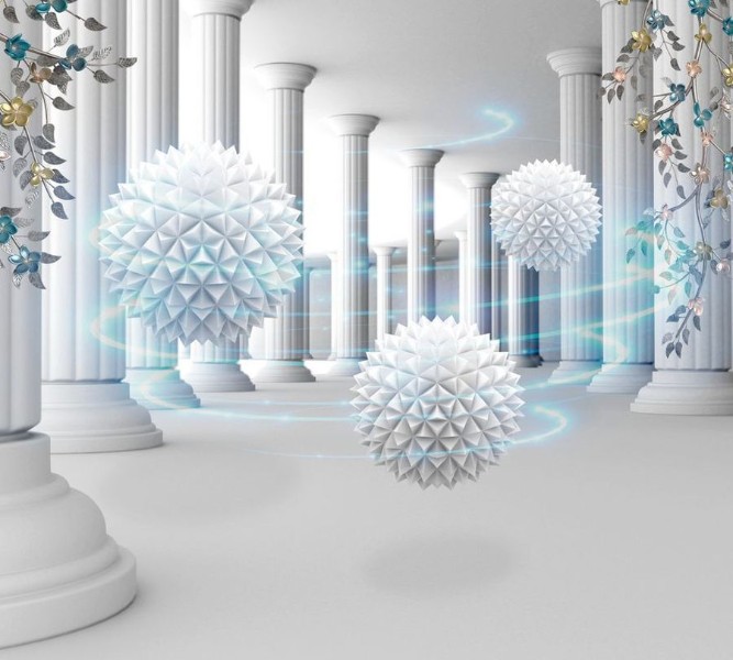 3D Фотообои Фотошторы «Колючие шары в колонном зале»