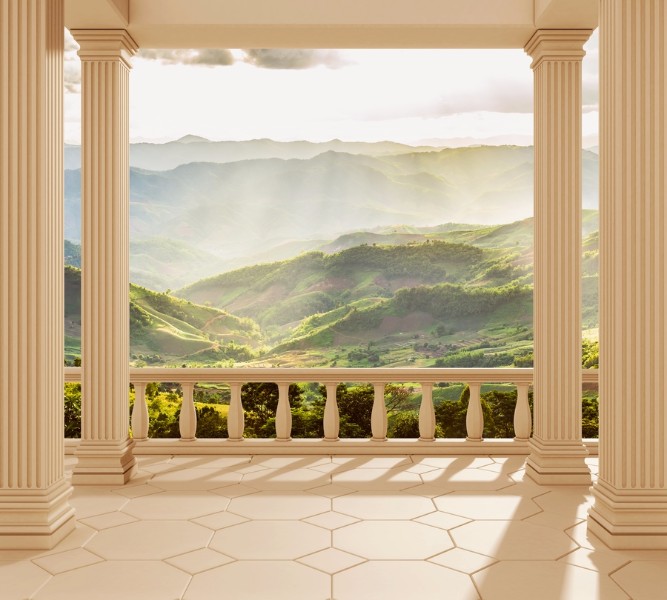 3D Фотообои Фотошторы «Балкон с видом на солнечную долину»