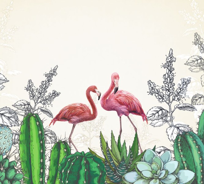 3D Фотообои Фотошторы «Фламинго в кактусах»