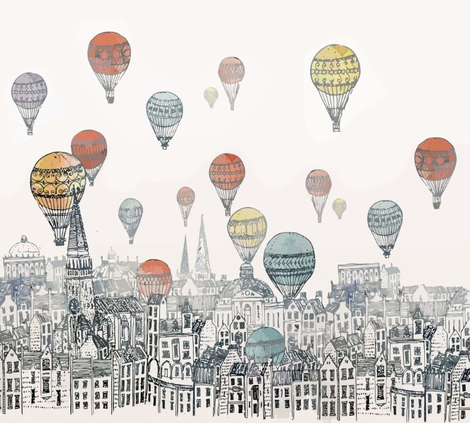 3D Фотообои Фотошторы «Воздушные шары над городом акварель»
