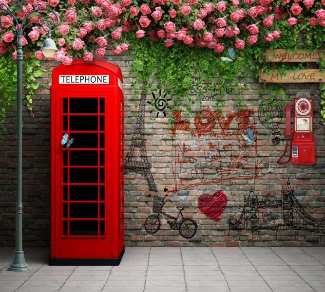 3D Фотообои Фотошторы «Телефонная будка с граффити»