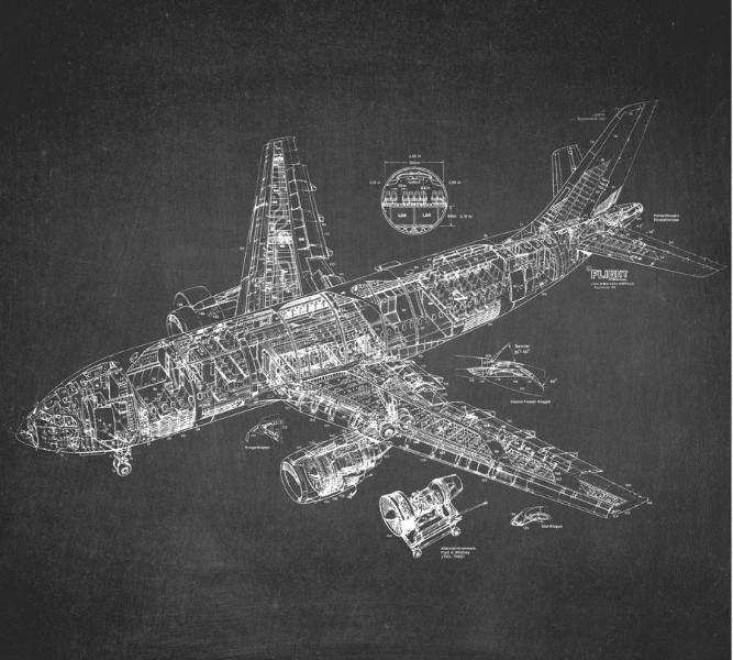 3D Фотообои Фотошторы «Самолет чертеж на темном»