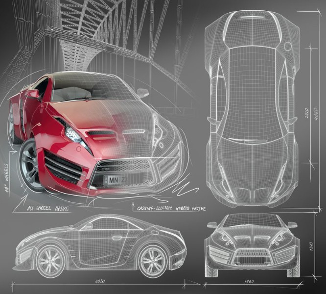 3D Фотообои Фотошторы «Красное авто схема»