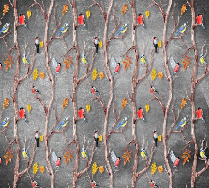 3D Фотообои Фотошторы «Осенний этюд с птицами»