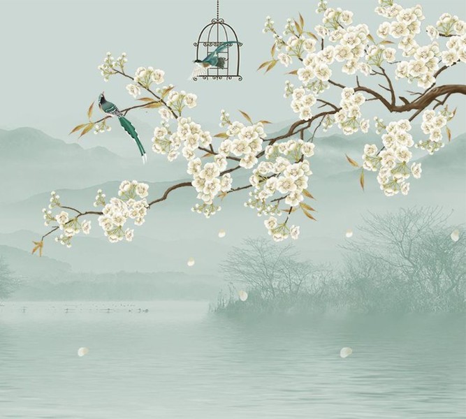 3D Фотообои Фотошторы «Лодка под цветущими ветвями»