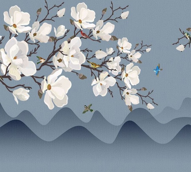 3D Фотообои Фотошторы «Яблоневые ветви над холмами»