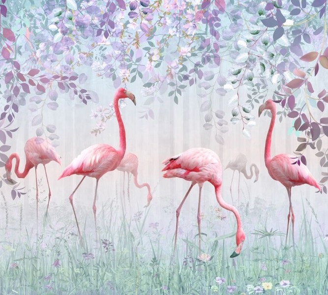 3D Фотообои  Фотошторы «Фламинго в саду»