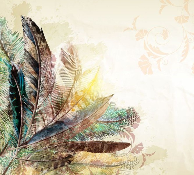 3D Фотообои Фотошторы «Букет из перьев с цветочным орнаментом»