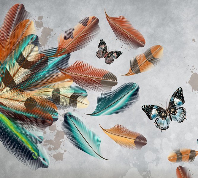 3D Фотообои Фотошторы «Бабочки в ярких перьях»