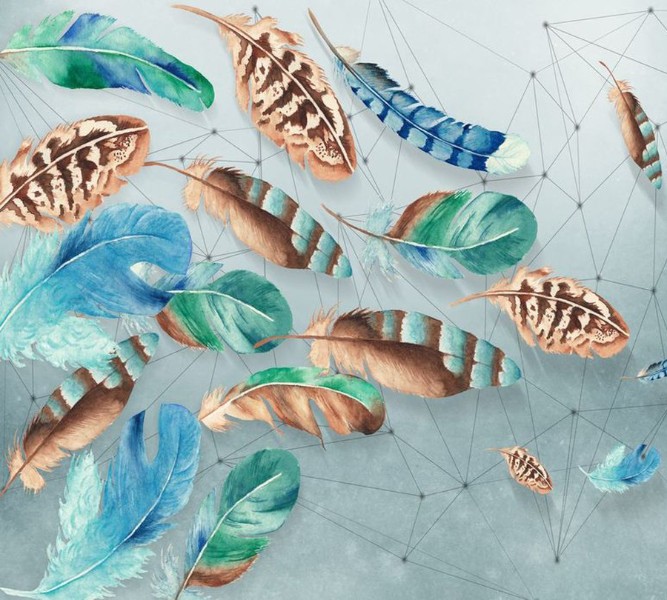 3D Фотообои Фотошторы «Перья в паутине из полигонов»