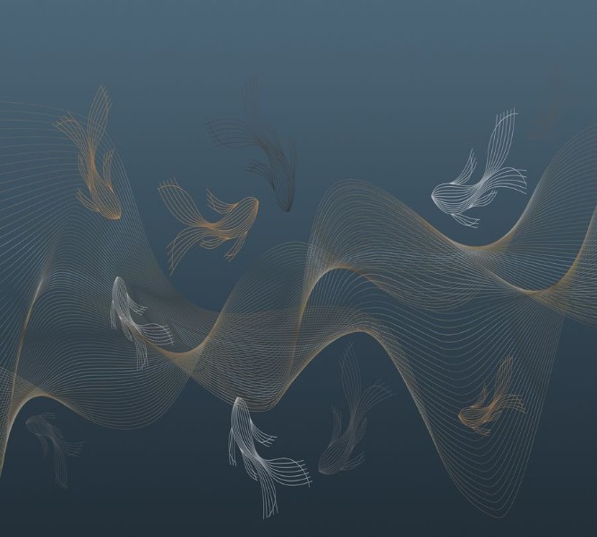 3D Фотообои Фотошторы «Золотые волны в морской синиве»