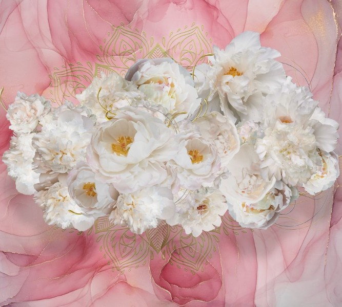 3D Фотообои  Фотошторы «Роскошные пионы на розовом мраморе»