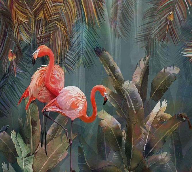 3D Фотообои  Фотошторы «Фламинго в тенистых тропиках»