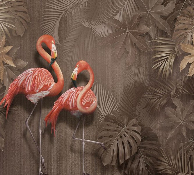 3D Фотообои  Фотошторы «Фламинго в тропической листве»