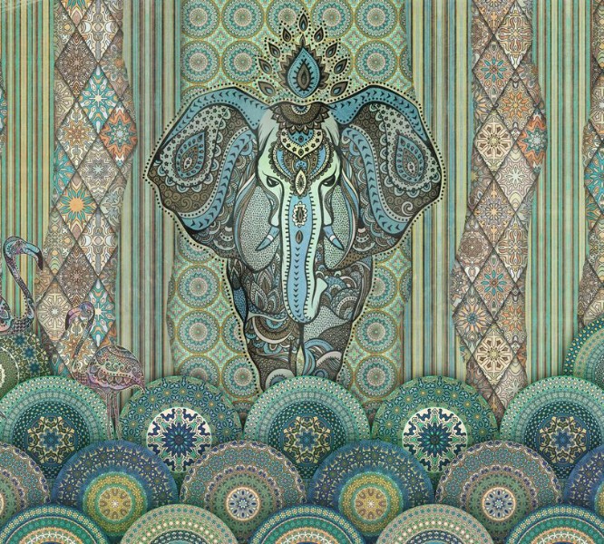 3D Фотообои Фотошторы «Величественный слон в этническом стиле»