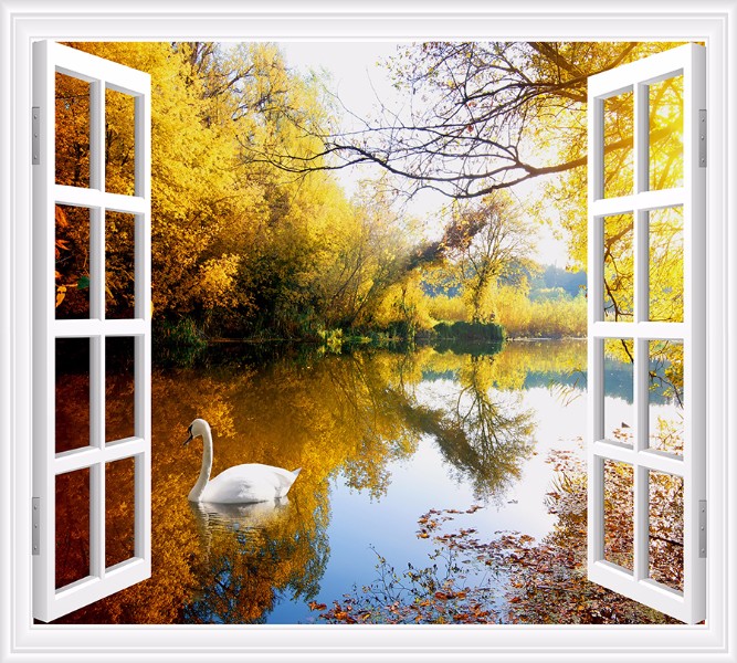 Фотошторы «Вид из окна на озеро с лебедями» вид 1