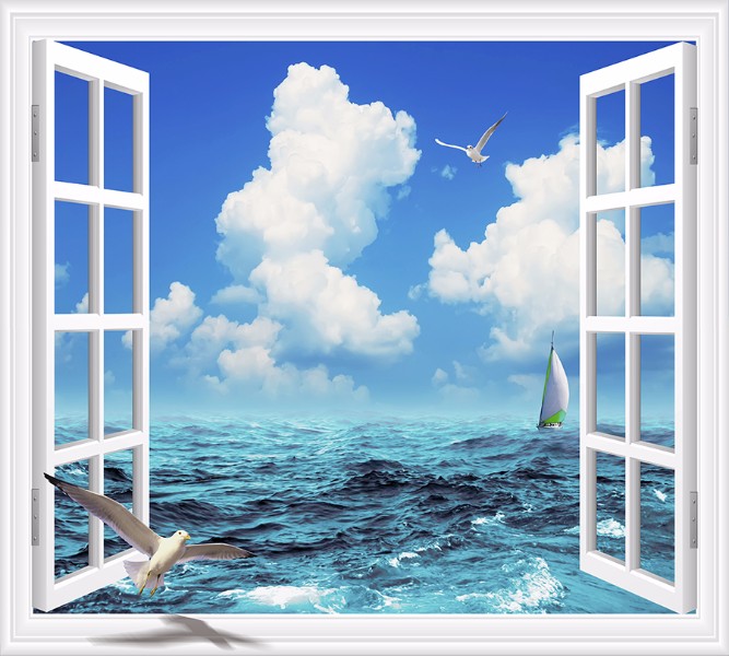 3D Фотообои Фотошторы «Распахнутое в море окно»
