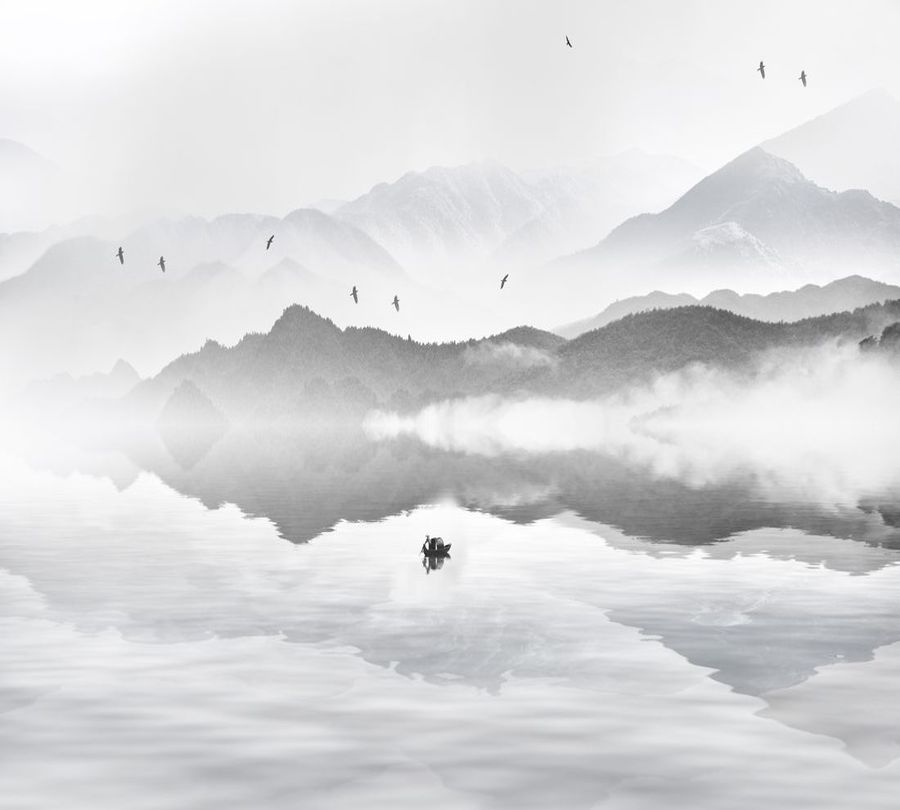 3D Фотообои Фотошторы «Одинокая лодка в тумане»