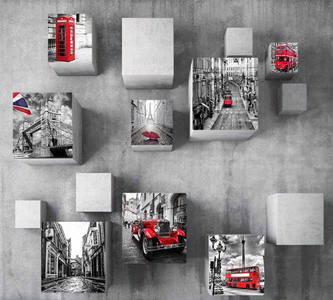 3D Фотообои Фотошторы «Кубы с видами Лондона на стене»