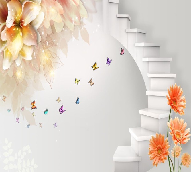 3D Фотообои Фотошторы «Фантазийная лестница с цветами»