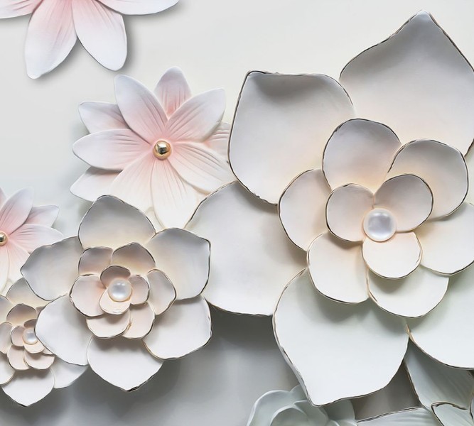 3D Фотообои Фотошторы «Керамические цветы» 