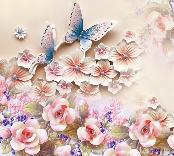 3D Фотообои Фотошторы «Цветочное изобилие с бабочками» 