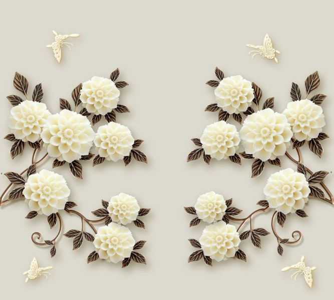 3D Фотообои Фотошторы «Бежевые цветы под керамику» 