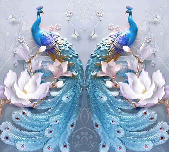 3D Фотообои Фотошторы «Голубой павлин» 