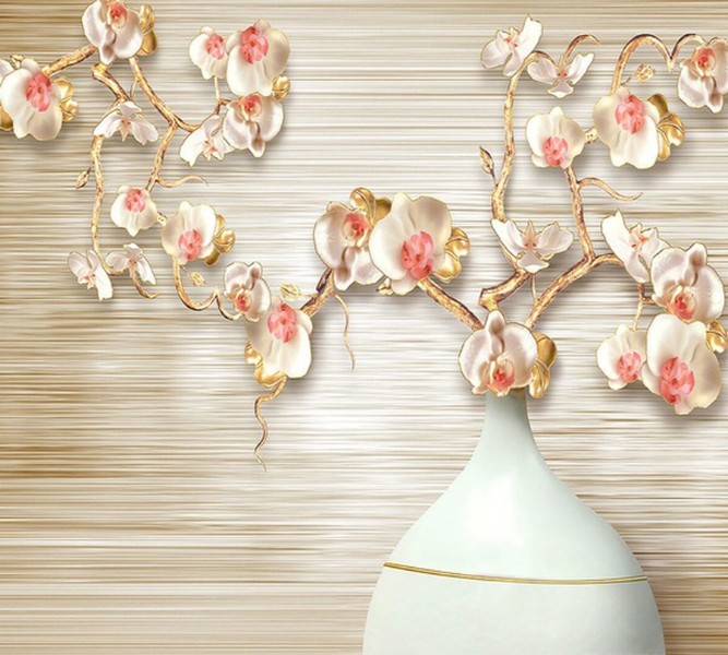 3D Фотообои Фотошторы «Золотистые орхидеи в вазе» 