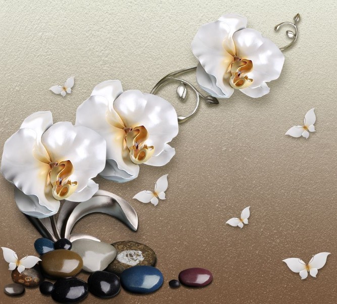 3D Фотообои Фотошторы «Орхидеи на гальке» 