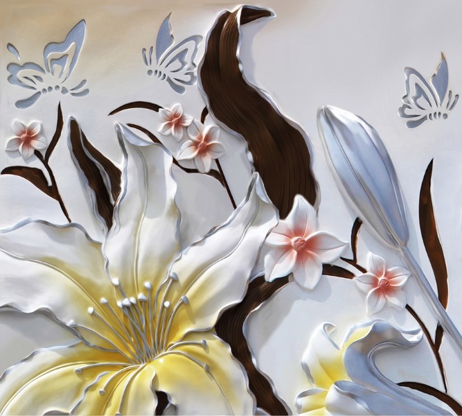 3D Фотообои Фотошторы «Объемные цветы с бабочками»
