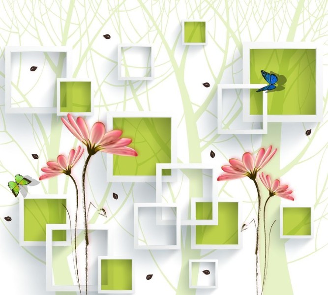 3D Фотообои Фотшторы «Объемные зеленые квадраты с цветами»