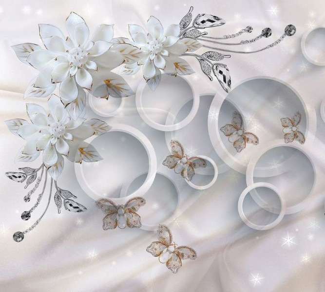 3D Фотообои Фотшторы «Объемные круги с драгоценными цветами и бабочками»